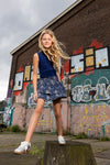 Indian Blue Jeans Skirt Ruffle Leafprint