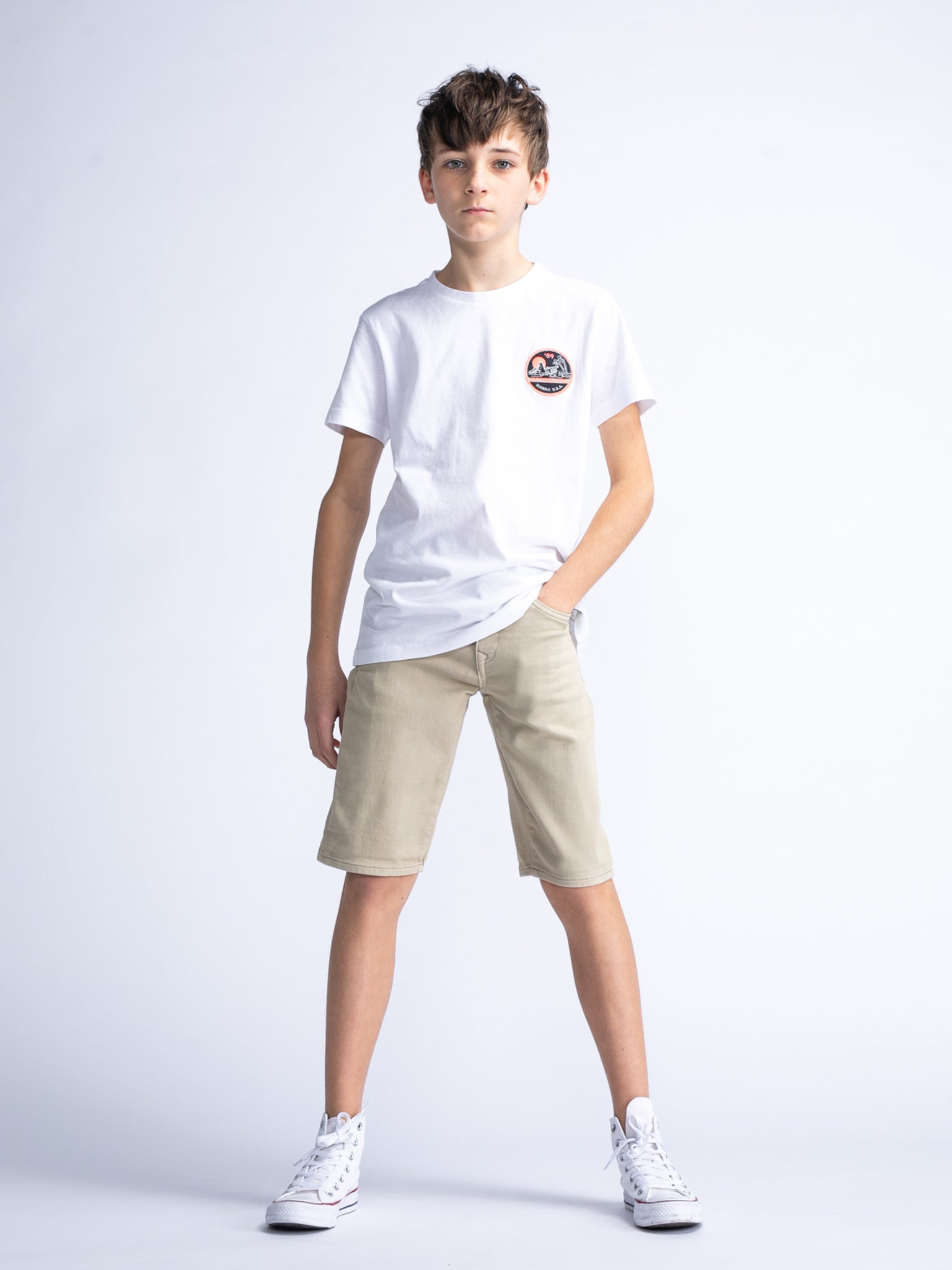 Jongens Boys Denim Jogg Short Jackson coloured  van Petrol in de kleur Eucalyptus in maat 176.