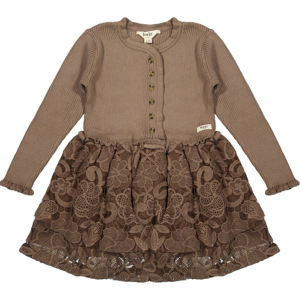 Meisjes Dress Longsleeve Marieze van Baje Studio in de kleur Brown cacao in maat 134-140.