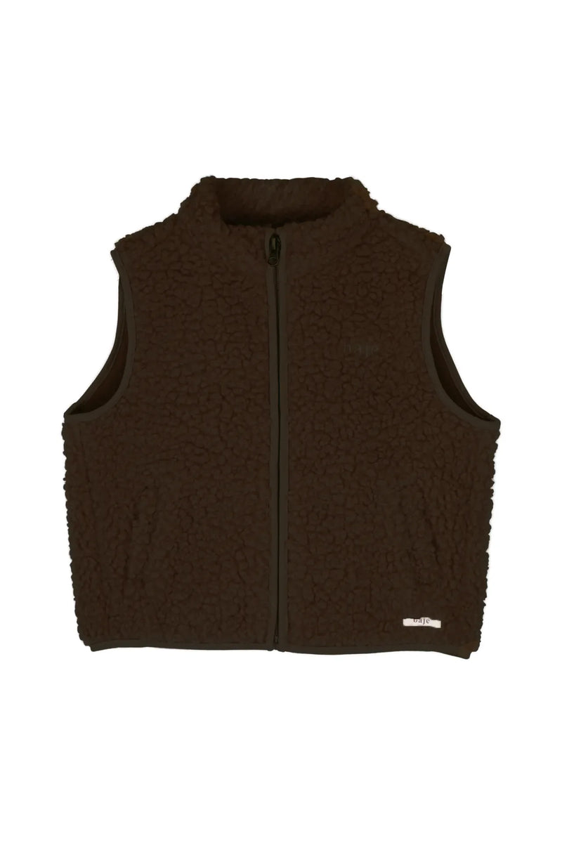 Jongens Bodywarmer Myso van Baje Studio in de kleur Brown choco in maat 134-140.