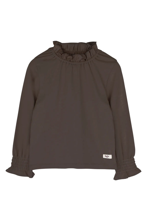 Meisjes Longsleeve with collar Healy van Baje Studio in de kleur Brown choco in maat 134-140.