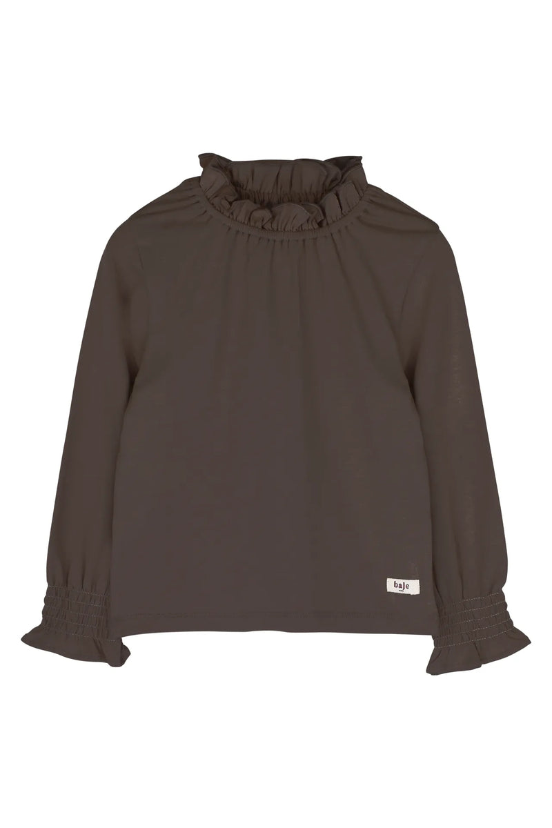 Meisjes Longsleeve with collar Healy van Baje Studio in de kleur Brown choco in maat 134-140.