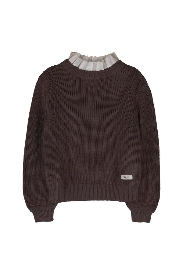 Meisjes Knitted sweater with collar Mai van Baje Studio in de kleur Brown choco in maat 134-140.