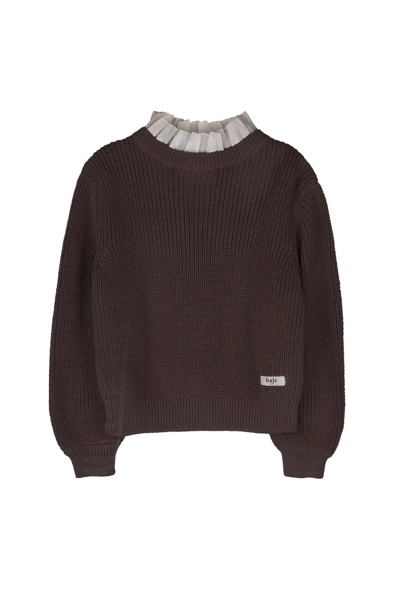 Meisjes Knitted sweater with collar Mai van Baje Studio in de kleur Brown choco in maat 134-140.