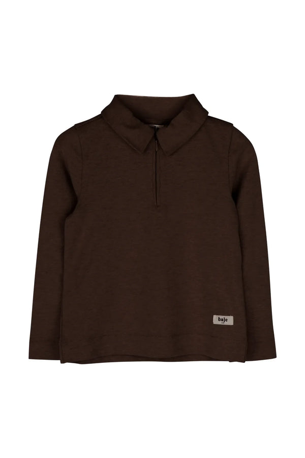 Jongens Polo longsleeve zipper Ferry van Baje Studio in de kleur Brown choco in maat 134-140.