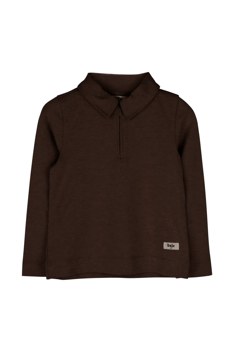 Jongens Polo longsleeve zipper Ferry van Baje Studio in de kleur Brown choco in maat 134-140.
