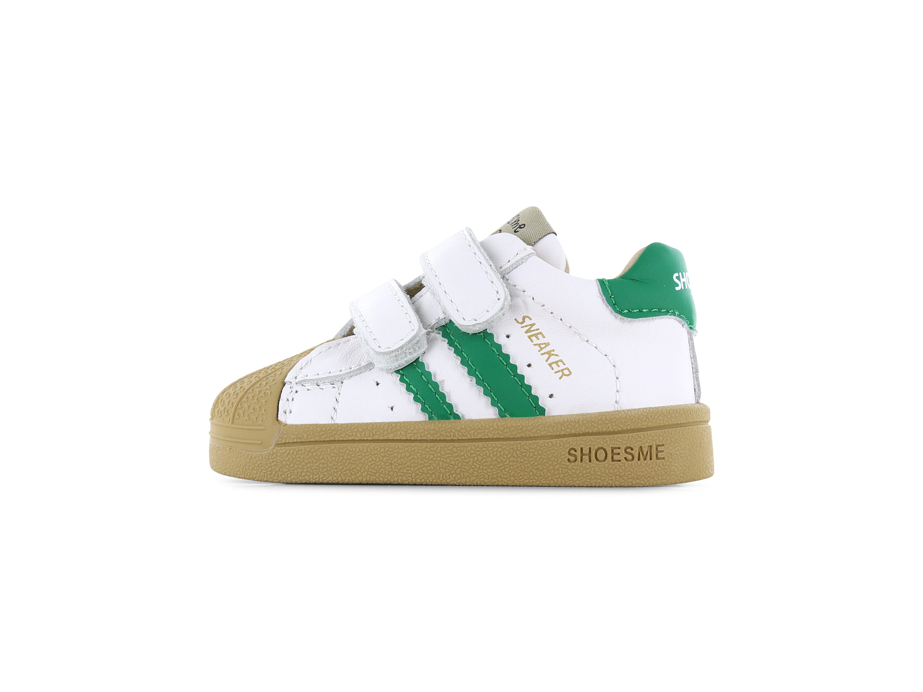 Shoesme witte sneaker met groene strepen en stootneus