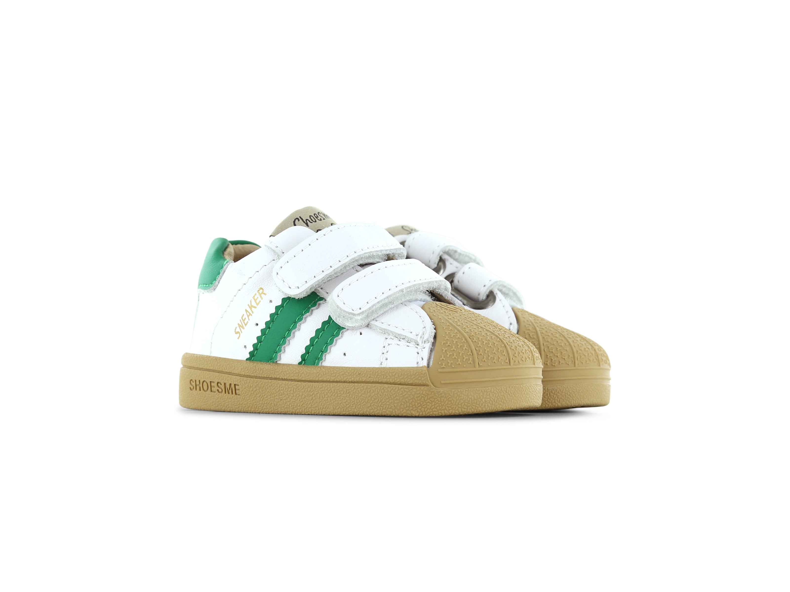 Shoesme witte sneaker met groene strepen en stootneus