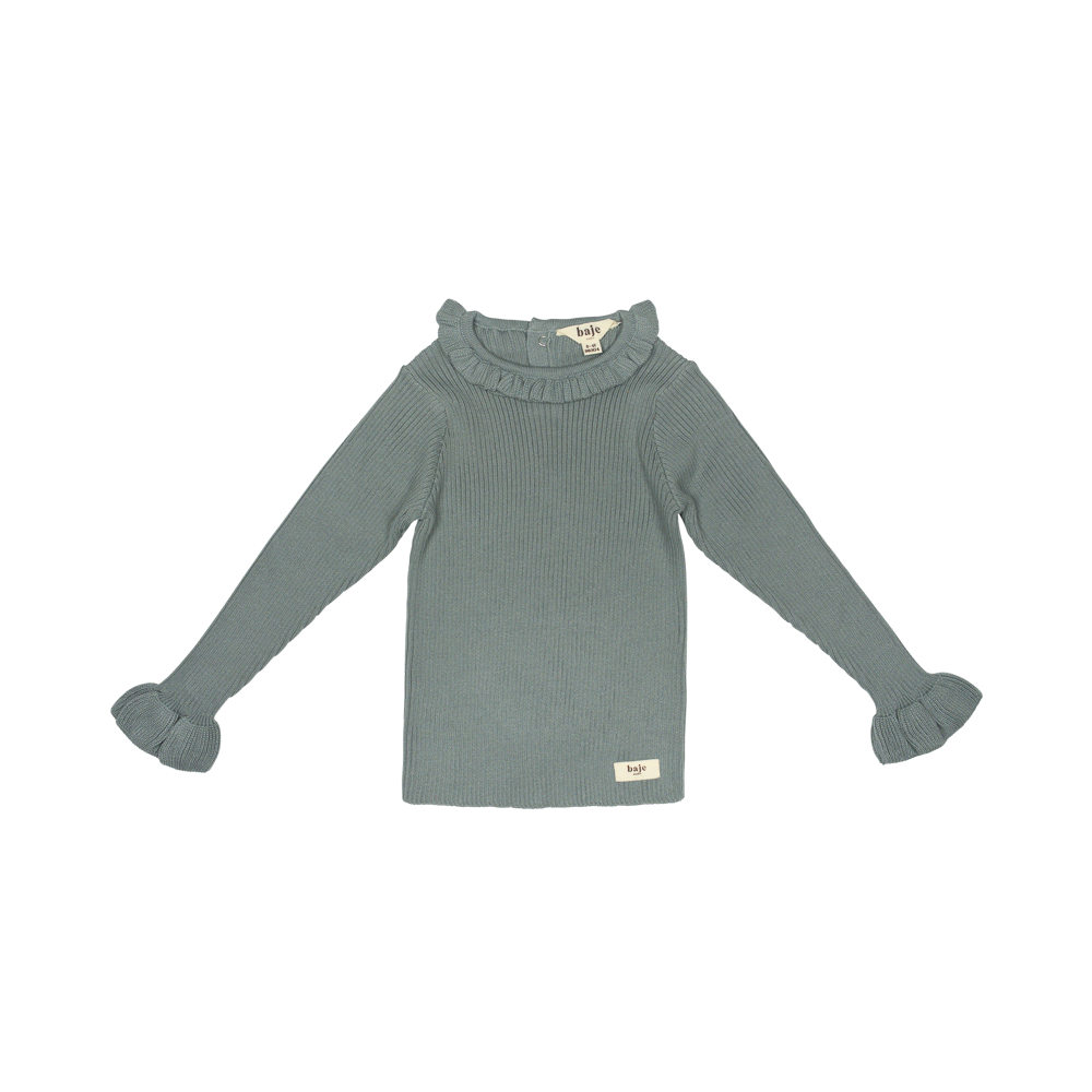 Baje Studio Bow knitted rib ruffle top greyish blue