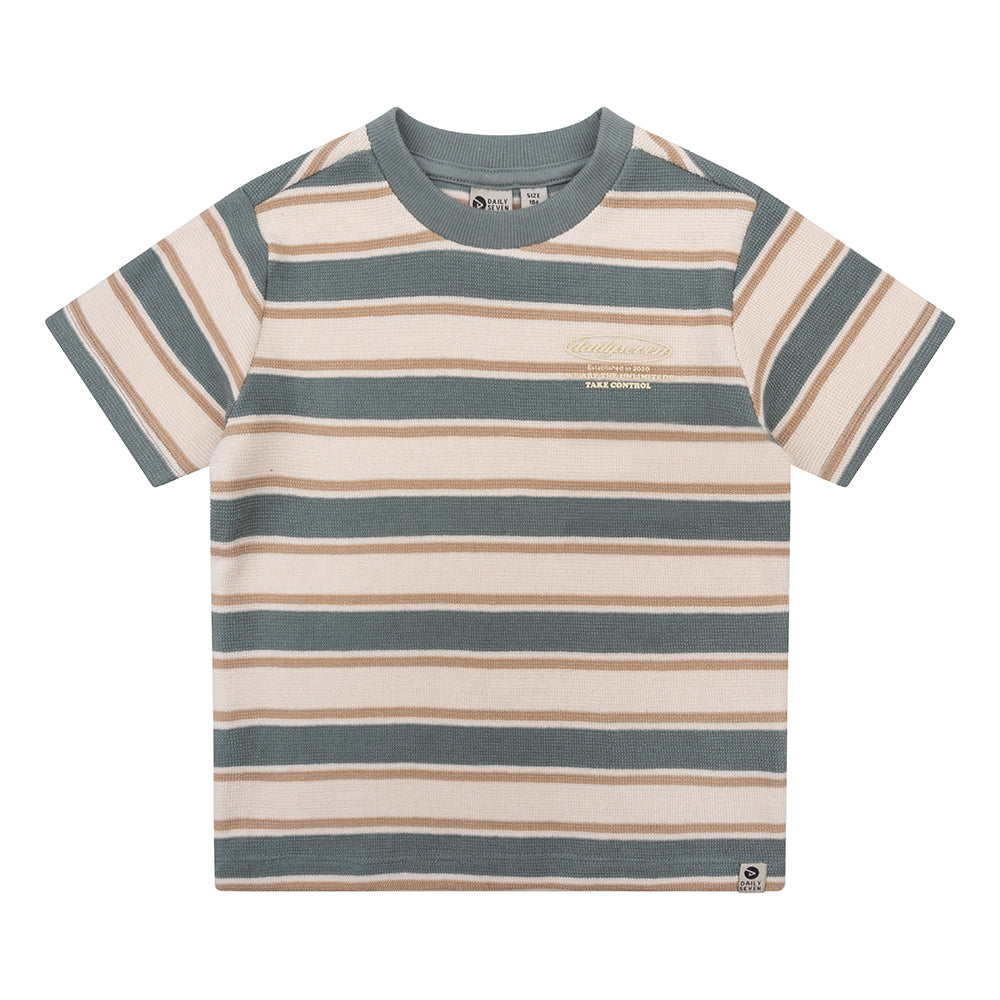 Jongens Organic T-Shirt Retro Stripe van Daily7 in de kleur Stone Green in maat 128.