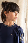 Meisjes Rib Top With Woven Balloon Sleeves van Like Flo in de kleur Navy in maat 140.