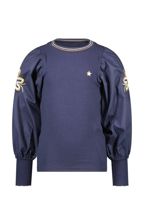 Meisjes Rib Top With Woven Balloon Sleeves van Like Flo in de kleur Navy in maat 140.