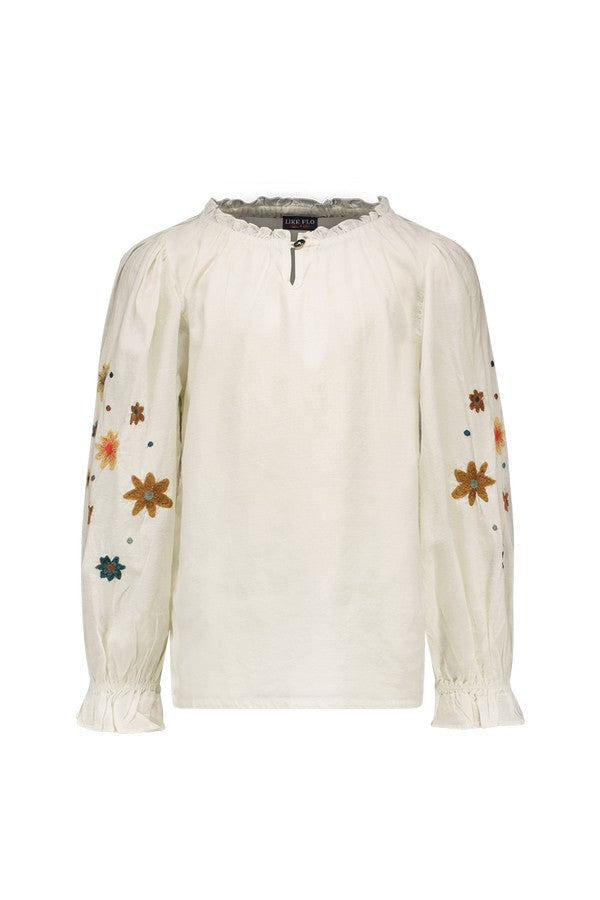 Like Flo Woven Blouse With Embroidery Sleeves
