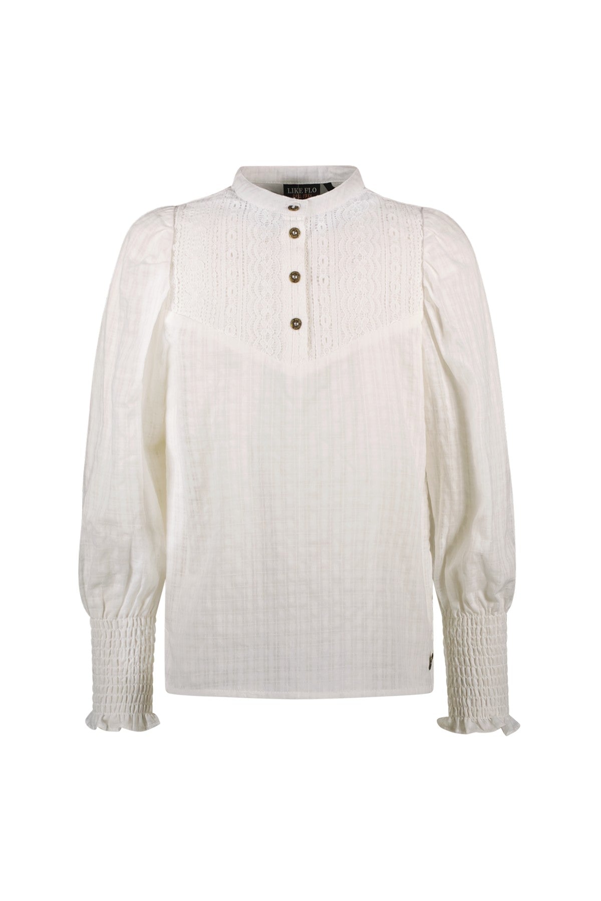 Like Flo Coco off-white blouse with smock cuff, front closure, lace fabric