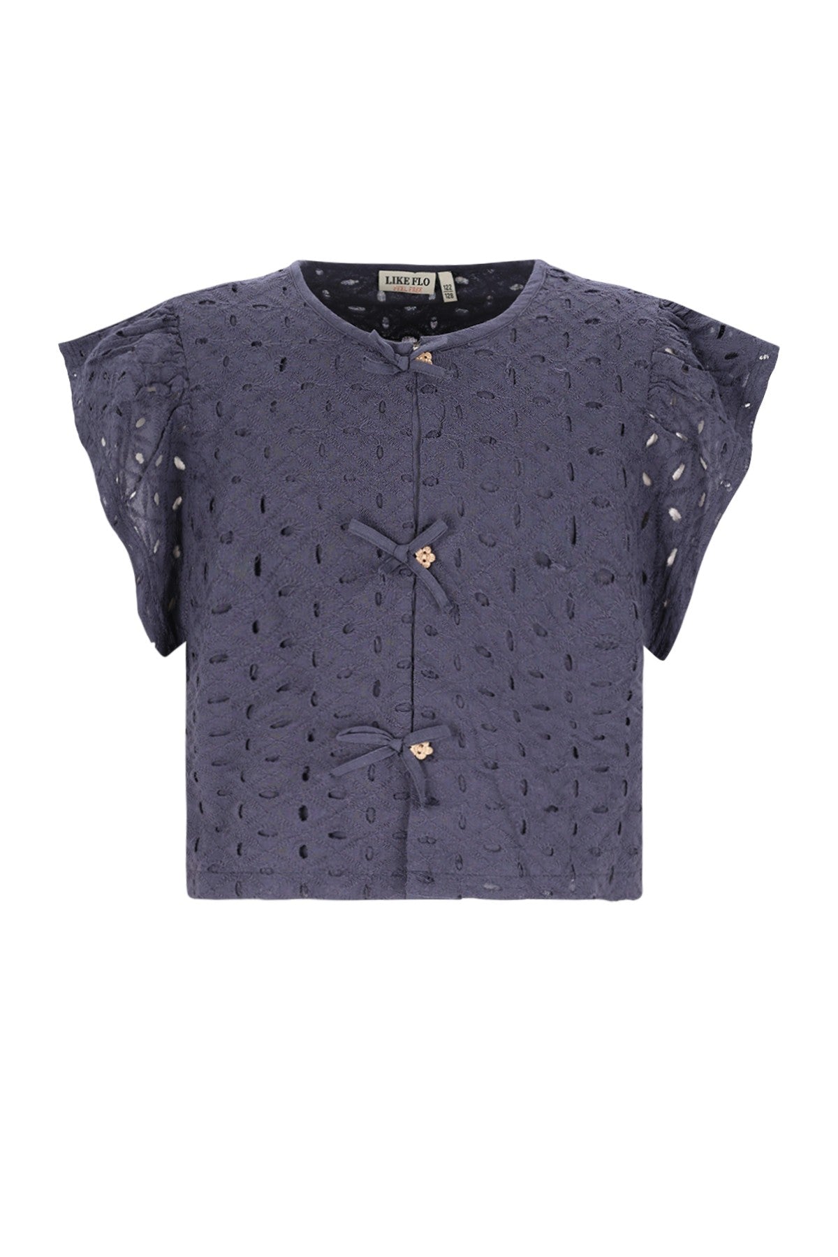 Meisjes Charlotte broderie anglaise blouse with fake bow closure van Like Flo in de kleur Navy in maat 134-140.