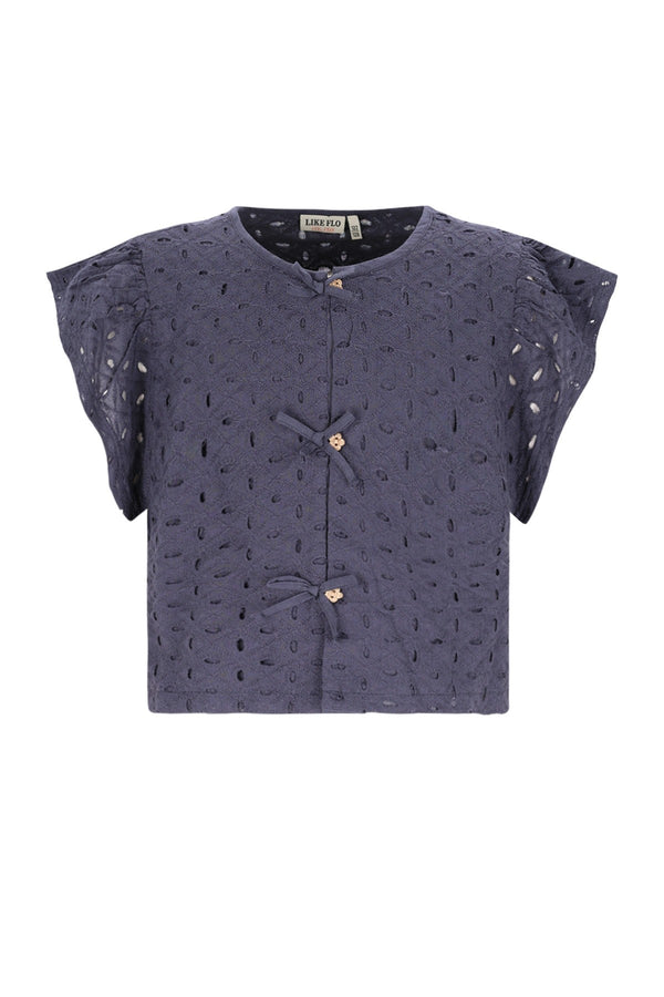 Meisjes Charlotte broderie anglaise blouse with fake bow closure van Like Flo in de kleur Navy in maat 134-140.