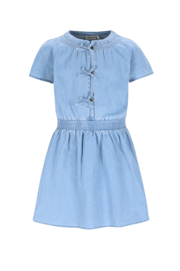 Meisjes Mel chambrey dress with bow closure at CF van Like Flo in de kleur lt denim in maat 140.