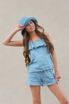 Like Flo Fiona chambrey short with ruffle hem