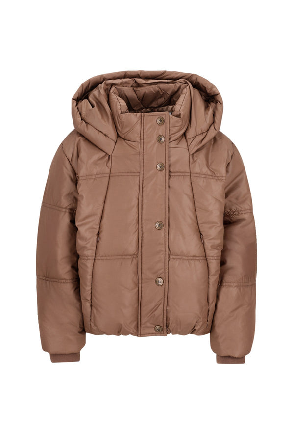 Meisjes Aukje short puffer hooded jacket van Like Flo in de kleur Choco in maat 158-164.