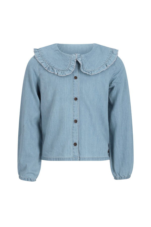Meisjes Celine chambrey blouse with collar van Like Flo in de kleur lt denim in maat 134-140.