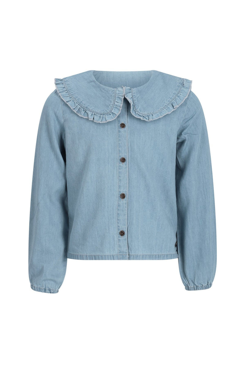 Meisjes Celine chambrey blouse with collar van Like Flo in de kleur lt denim in maat 134-140.