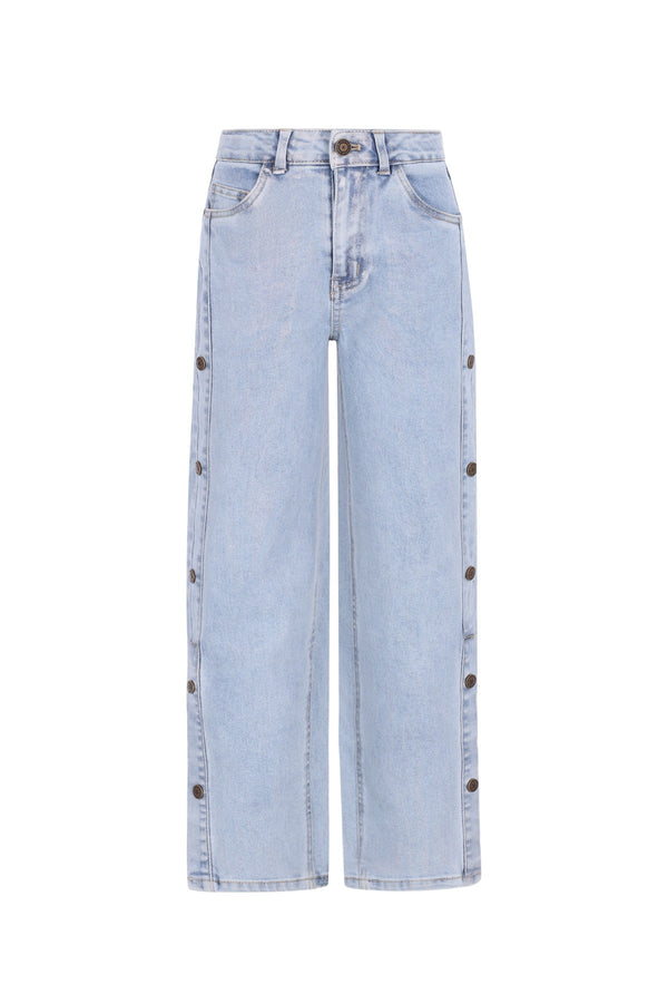 Meisjes Fieke straight leg denim pants with button details van Like Flo in de kleur Holographic denim in maat 140.