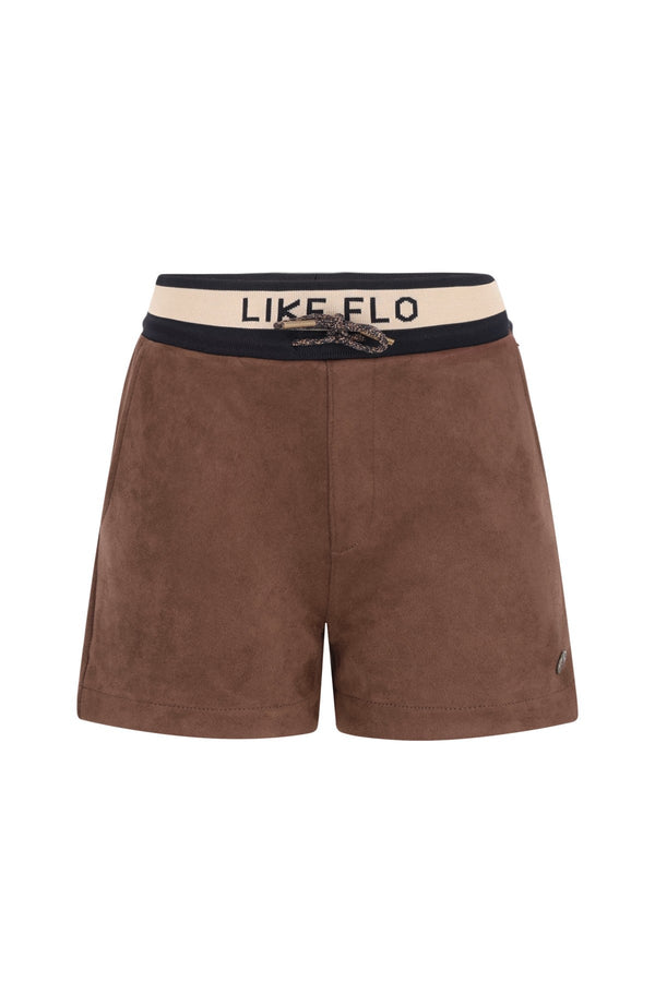 Meisjes Faylinn faux leather short with fancy jacquard rib WB van Like Flo in de kleur Choco in maat 134-140.