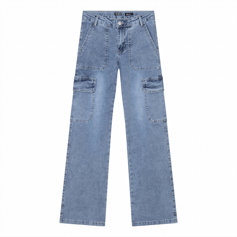Meisjes Jeans Cargo Denim Wide Fit van Indian Blue Jeans in de kleur Light Denim in maat 176.
