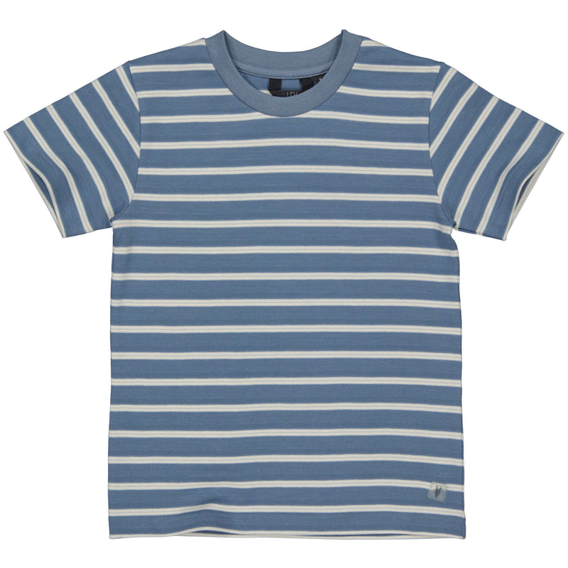 Jongens SHIRT SAMUEL van Little Levv in de kleur AOP Sand Stripe in maat 128.