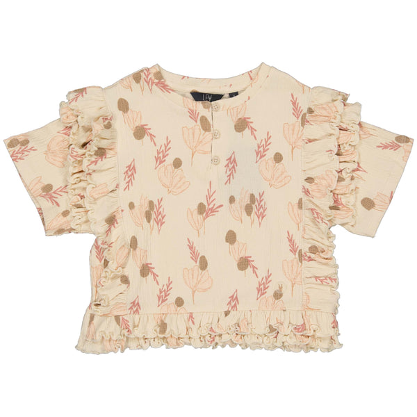 Meisjes SHIRT SHAI van Little Levv in de kleur AOP Pink Leaves in maat 128.
