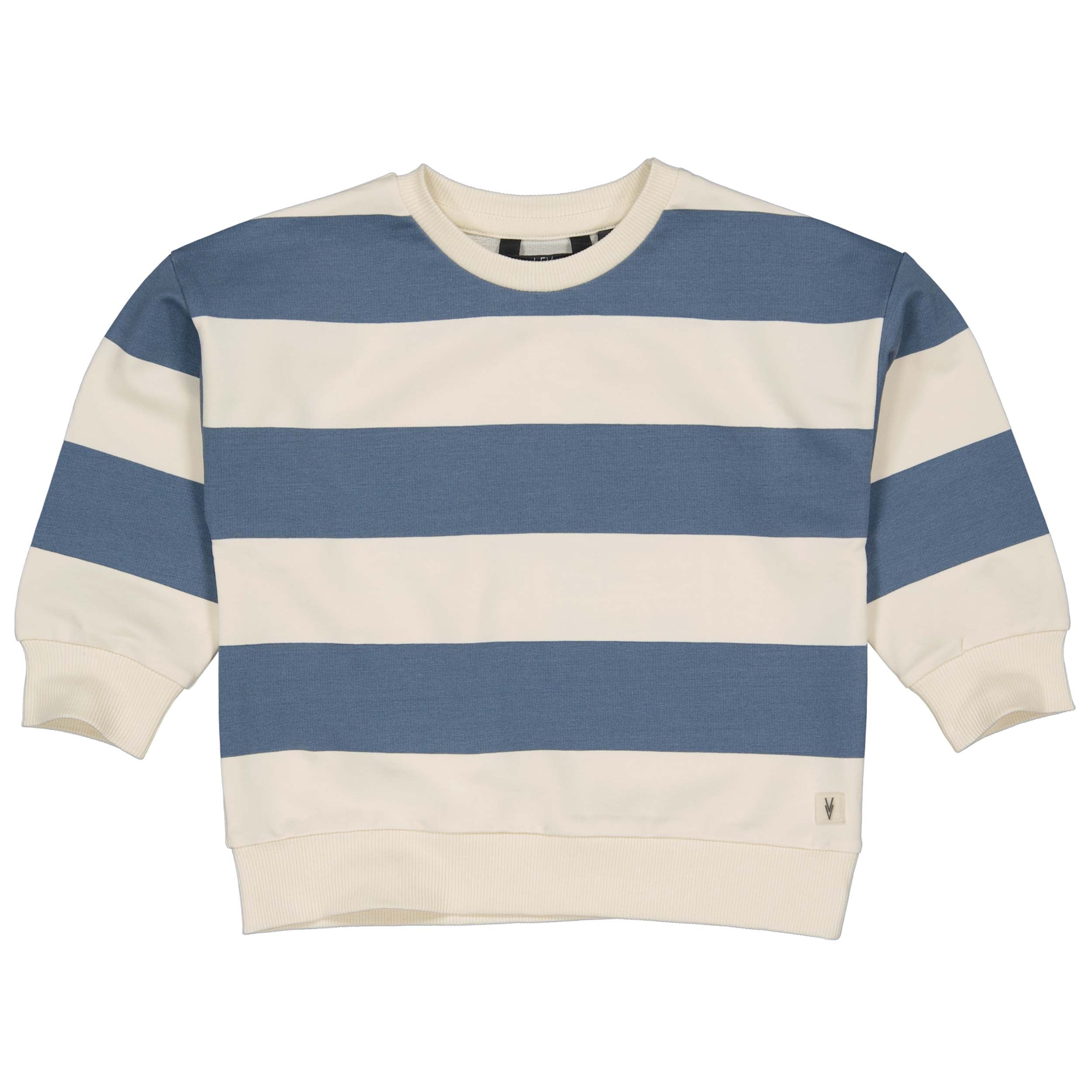 Jongens SWEATER SIMON van Little Levv in de kleur AOP Taupe Stripe in maat 128.