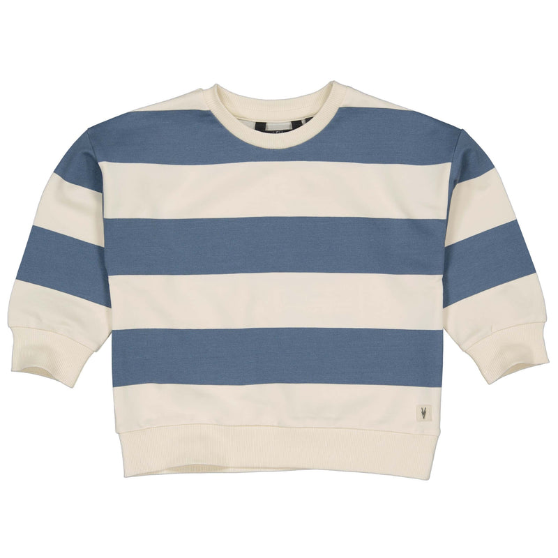 Jongens SWEATER SIMON van Little Levv in de kleur AOP Taupe Stripe in maat 128.