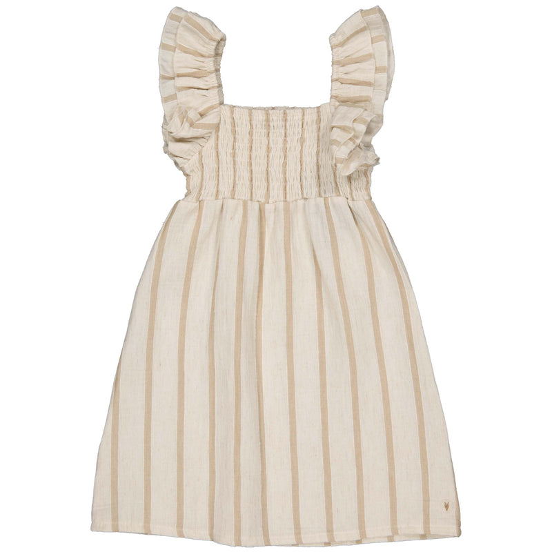 Meisjes DRESS SAMMY van Little Levv in de kleur AOP Taupe Stripe in maat 128.