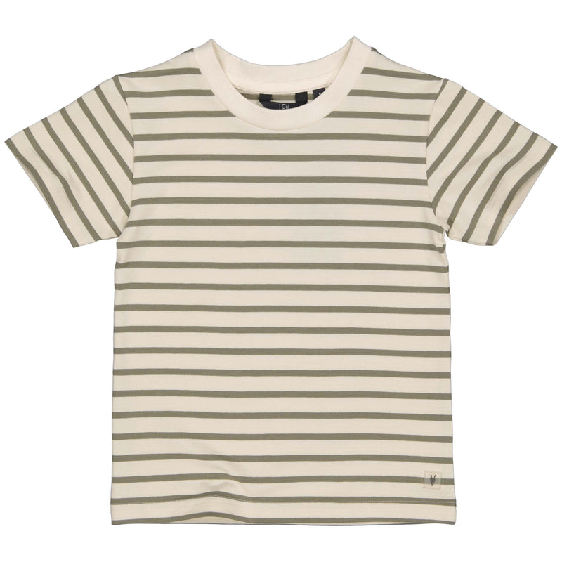 Jongens SHIRT SCOTT van Little Levv in de kleur AOP Cream Stripes in maat 128.