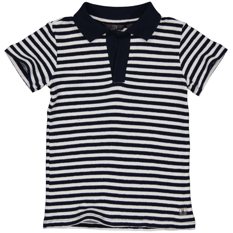 Jongens Polo MARLONLS242 van Little Levv in de kleur AOP Blue Stripe in maat 128.