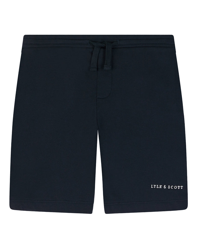 Jongens Script Embroidered Sweat Short van Lyle & Scott in de kleur Z271 Dark Navy in maat 170-176.