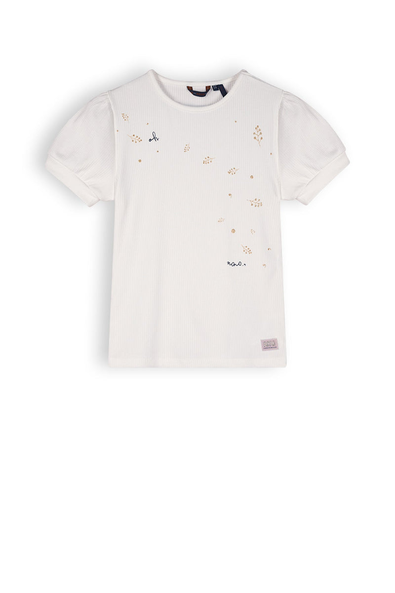 Meisjes Kyoto Girls Rib Tshirt S/Sl With Refined Artwork At Chest van NoNo in de kleur Snow White in maat 134-140.