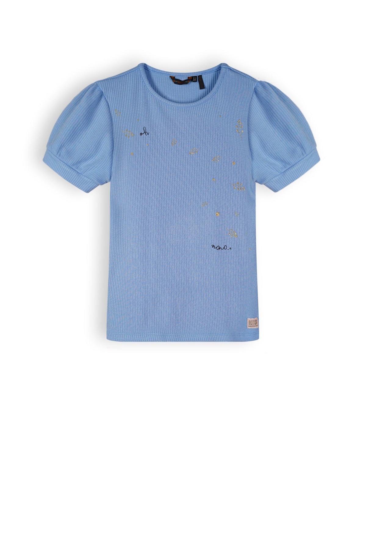 Meisjes Kyoto Girls Rib Tshirt S/Sl With Refined Artwork At Chest van NoNo in de kleur Provence Blue in maat 134-140.