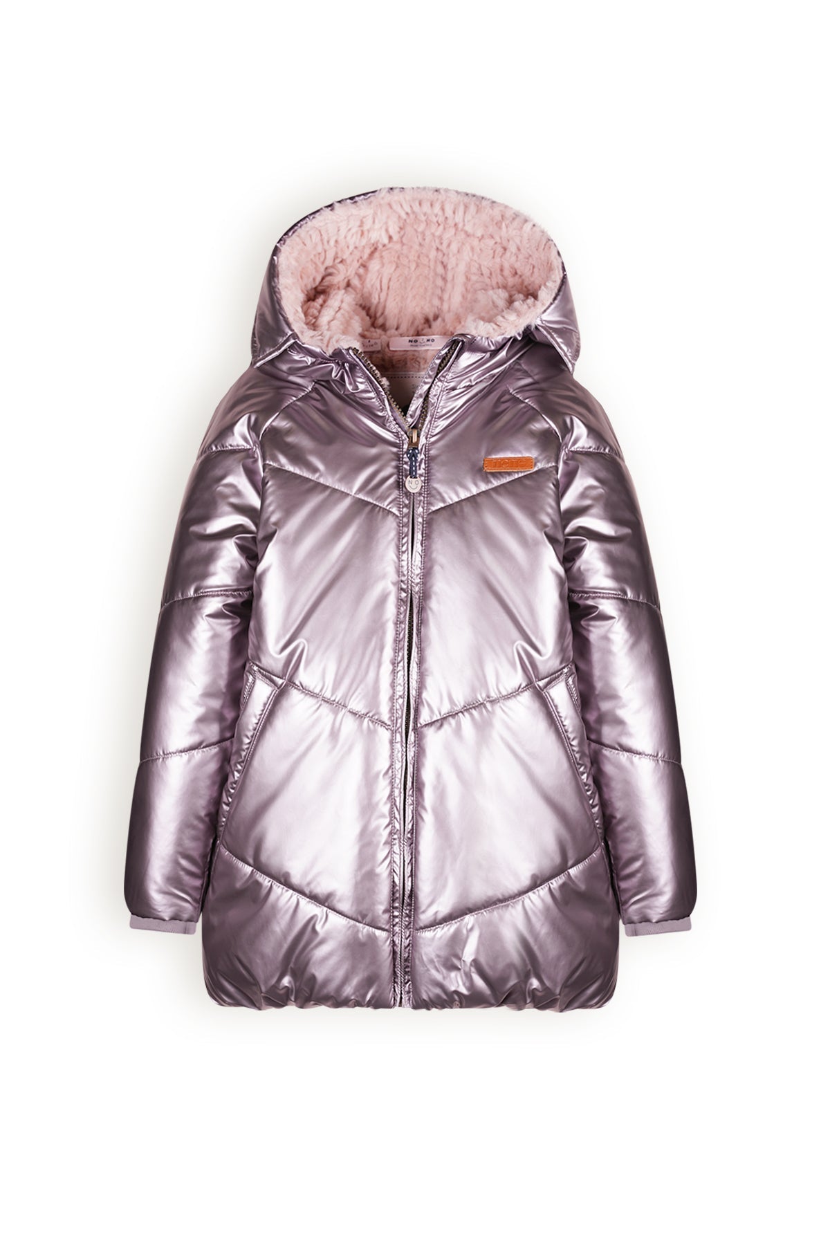 Meisjes Baybee Mid Long Hooded Satin Jacket van NoNo in de kleur Metallic Blush in maat 134-140.