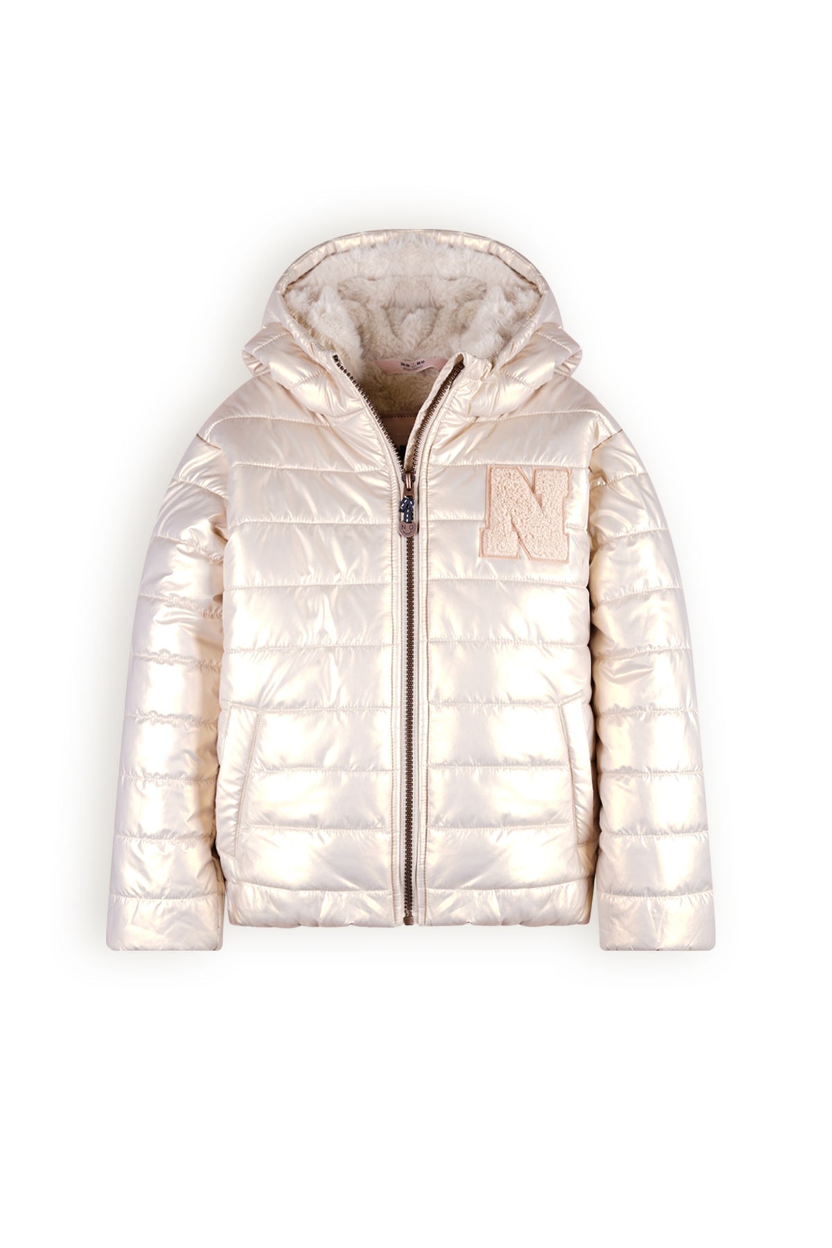 Meisjes Btwist Glossy Hooded Jacket van NoNo in de kleur Pearled Ivory in maat 134-140.