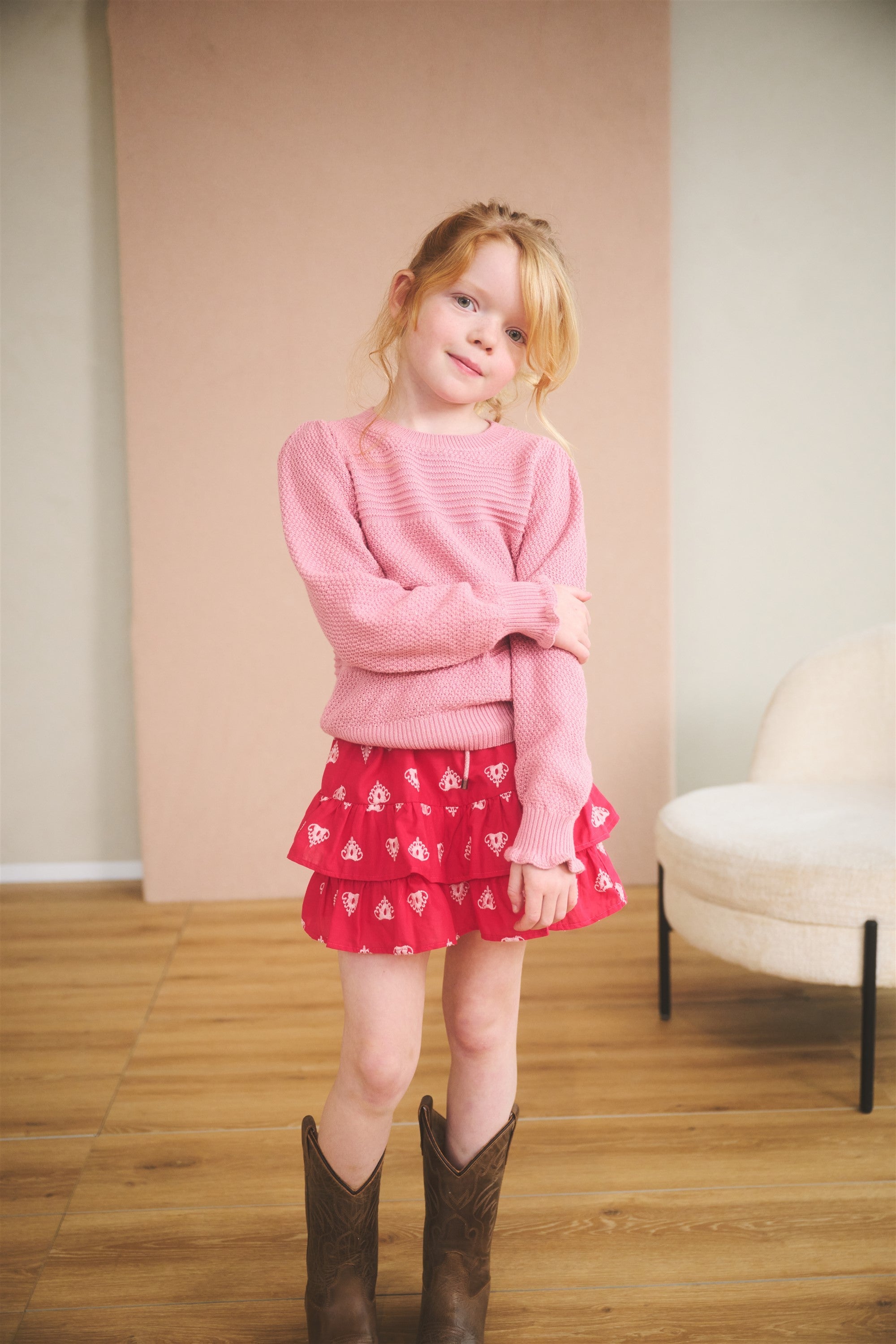 Meisjes Kamelia Knitted sweater puff sleeves van NoNo in de kleur Vintage Rose in maat 134-140.