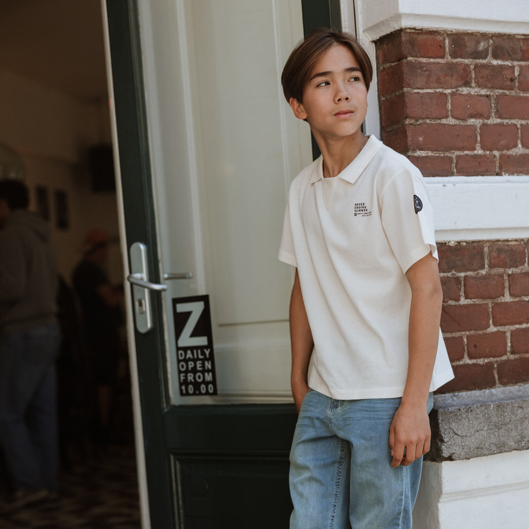 Jongens Polo shirt, loose fit van No Way Monday in de kleur Off white in maat 164.