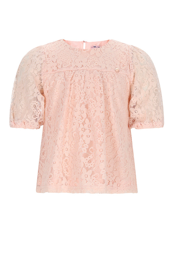 Meisjes Tina Lace Top with puffed sleeve van NoNo in de kleur Pale Blush Pink in maat 134-140.