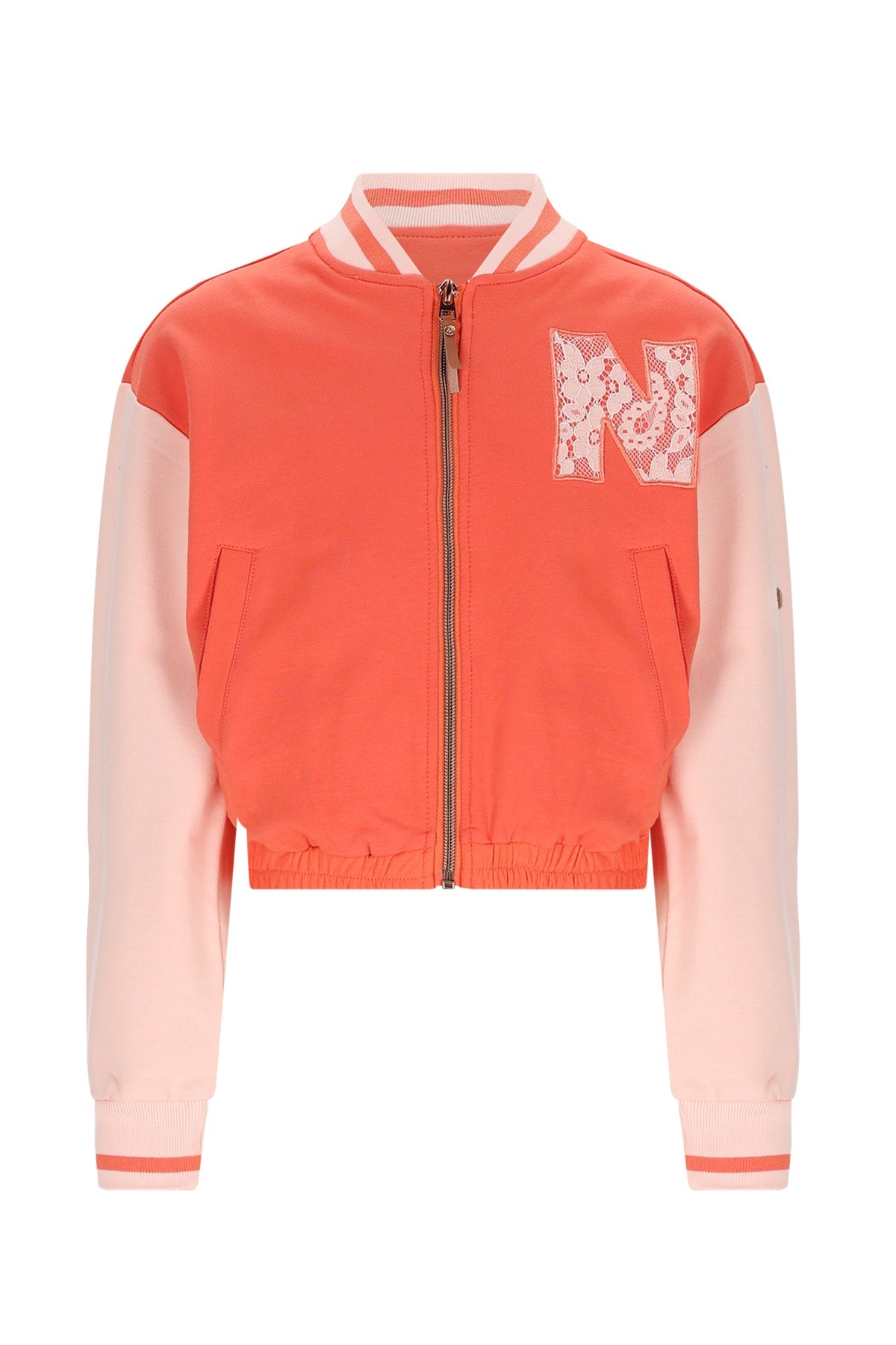 Meisjes Devis Sweat zip up varsity cardigan van NoNo in de kleur Orange Coral in maat 134-140.