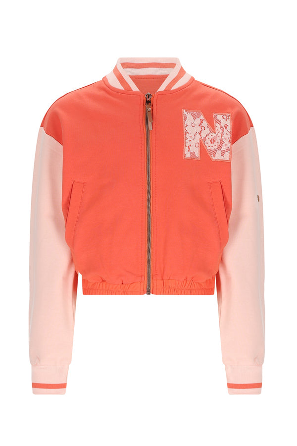 Meisjes Devis Sweat zip up varsity cardigan van NoNo in de kleur Orange Coral in maat 134-140.