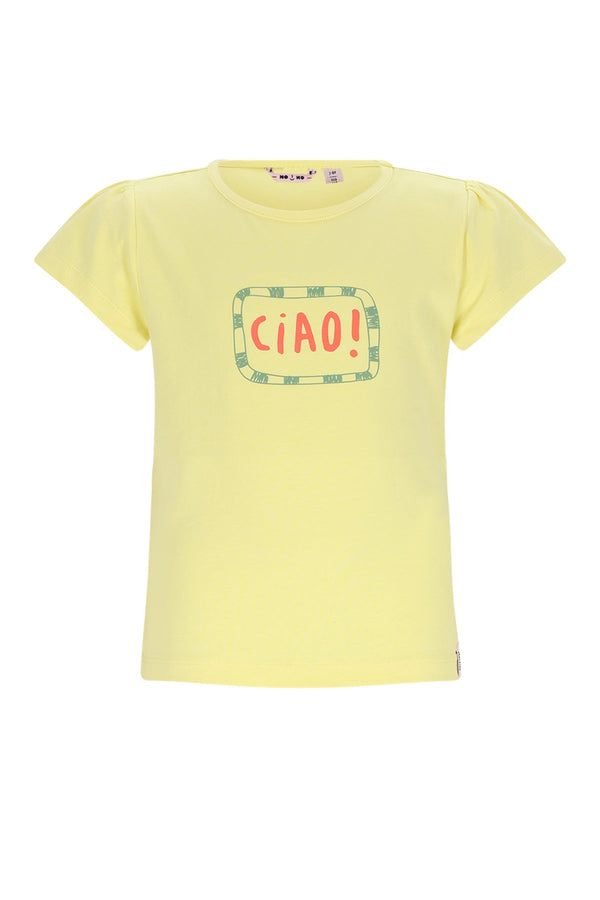 Meisjes Kiss CIAO T-shirt with capsleeve van NoNo in de kleur Light Lemon in maat 134-140.
