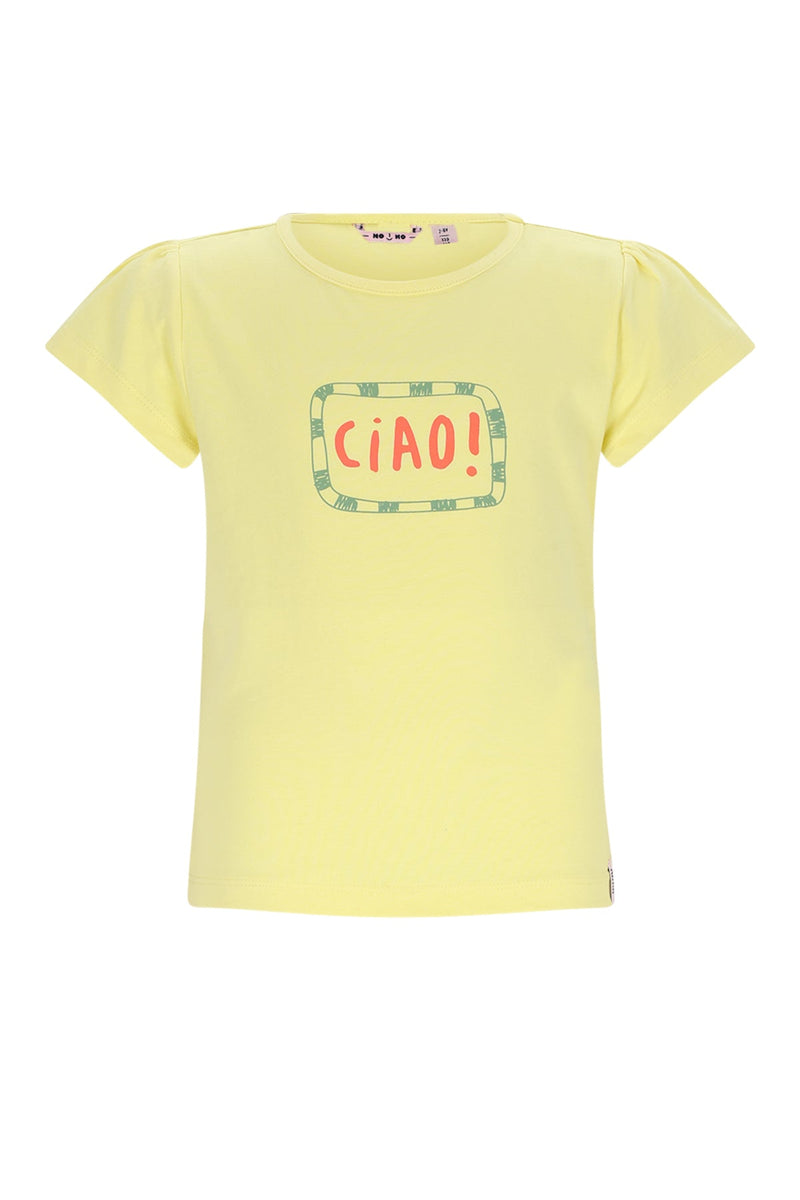 Meisjes Kiss CIAO T-shirt with capsleeve van NoNo in de kleur Light Lemon in maat 134-140.