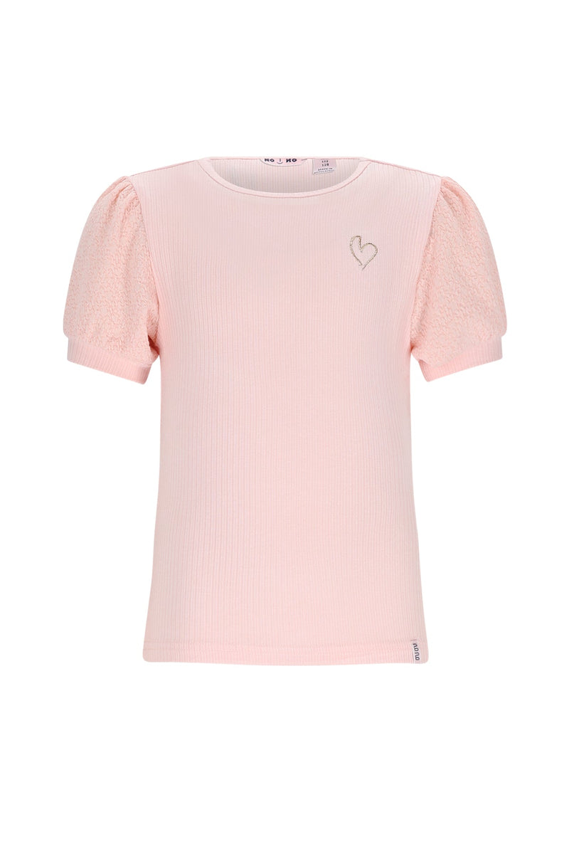 Meisjes Kyoto Ribjersey Top with puffed sleeves van NoNo in de kleur Pale Blush Pink in maat 134-140.