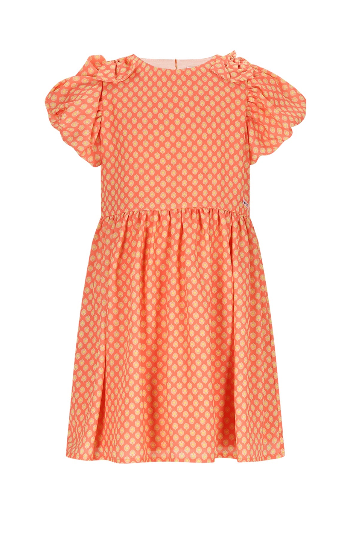 Meisjes Milly AOP dress with bow detail van  in de kleur Orange Coral in maat 134-140.