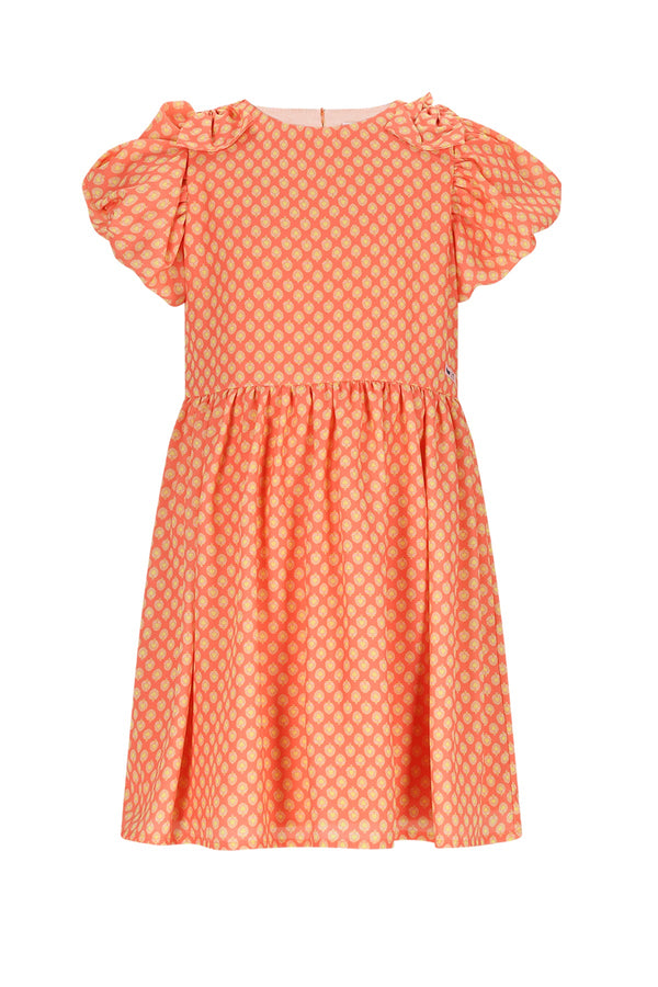 Meisjes Milly AOP dress with bow detail van  in de kleur Orange Coral in maat 134-140.